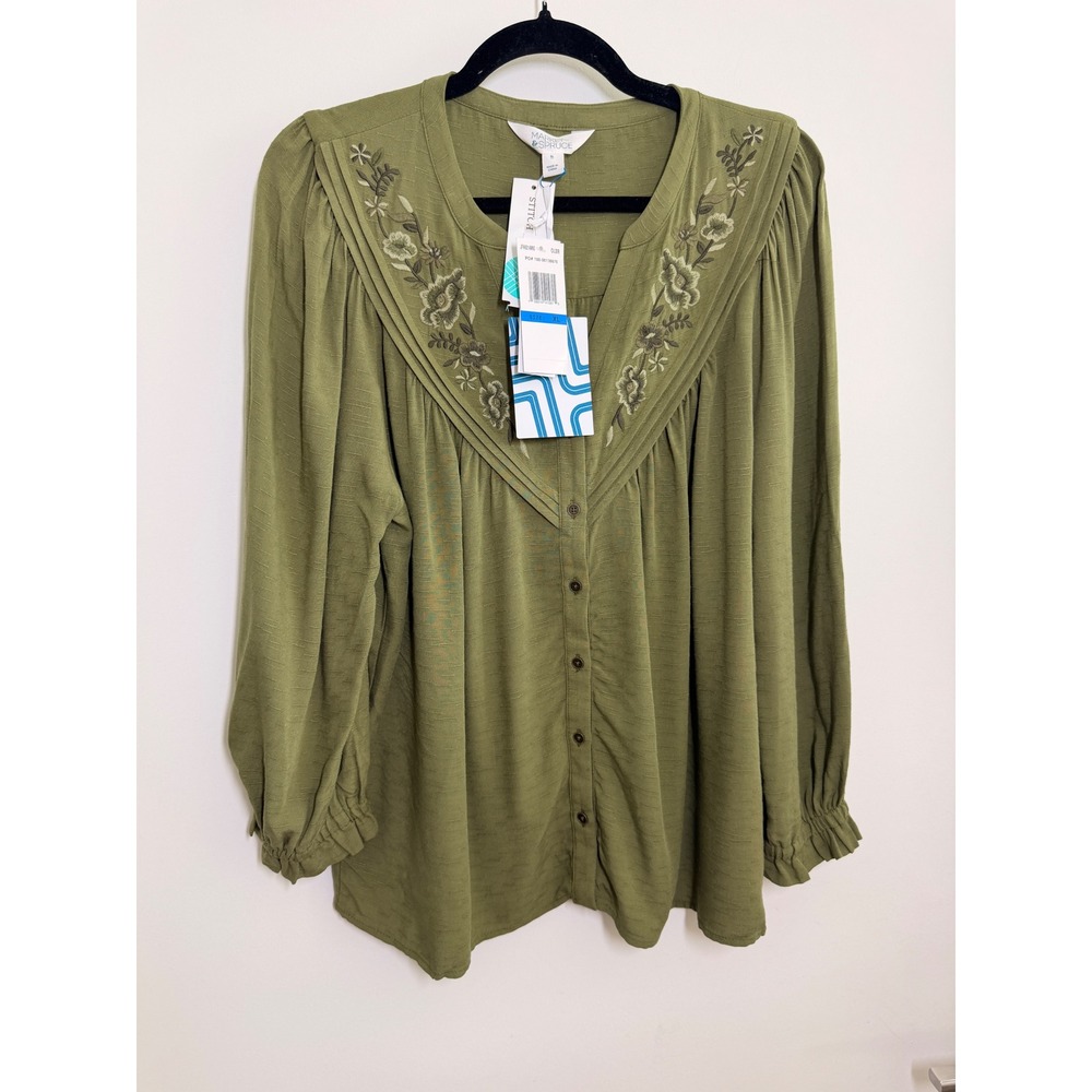 Market & Spruce Blouse Womens XL Olive Green NWT Embroidered Button Front Rayon